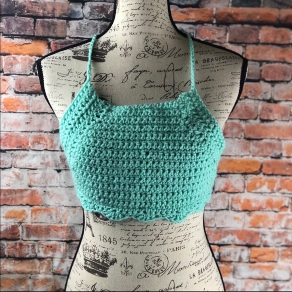 Hand crocheted mint green tie in back halter top